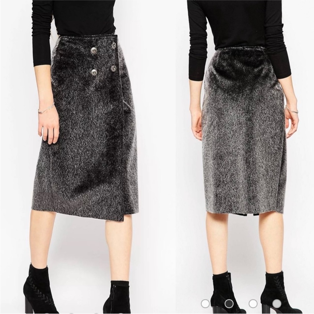ASOS Gray Black Wrap Pencil Skirt in Faux Fur with Button Detail Size 4